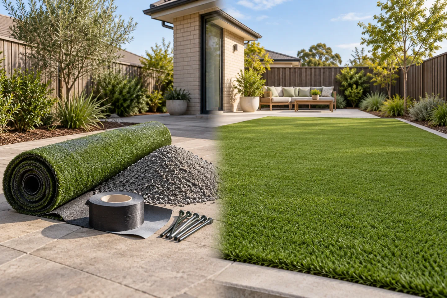 AI editorial concept comparing a roll of artificial grass and base materials with a fully installed Australian backyard lawn