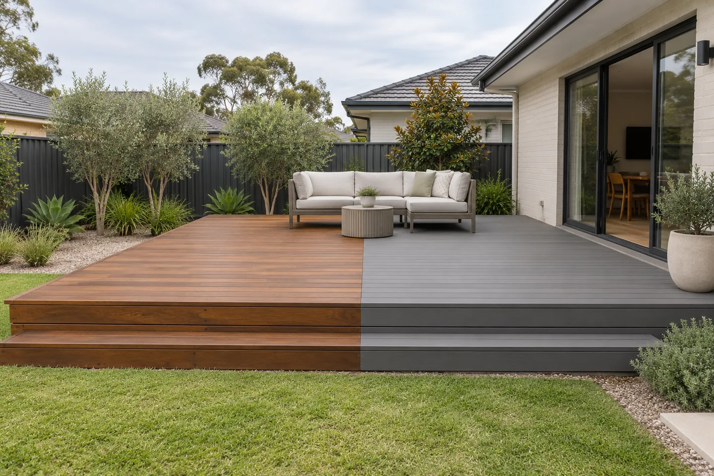 AI concept comparing warm timber decking with grey composite decking in the same Australian backyard