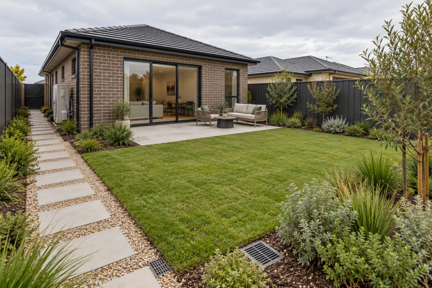AI concept of a compact new-build backyard with lawn, a permeable side path, drainage inlet, planted edges and a small sitting area