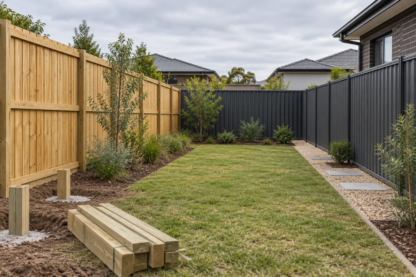 AI editorial concept comparing treated pine paling and dark steel boundary fences in an Australian backyard with side access and unfinished posts