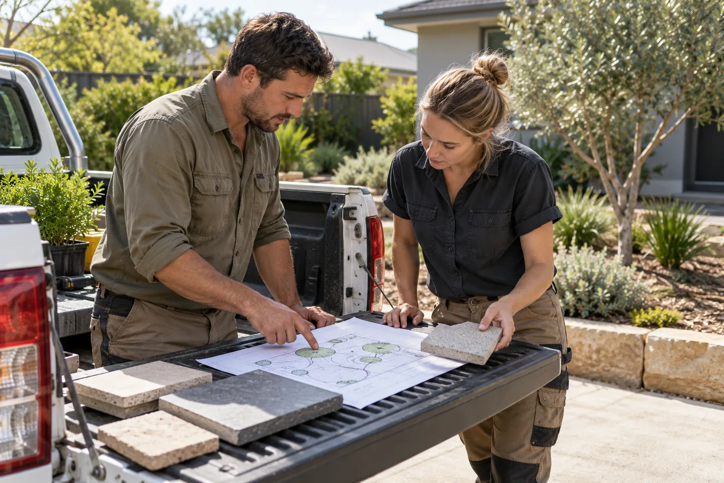 Illustrative landscaping tradespeople reviewing scope and material samples beside a parked work vehicle