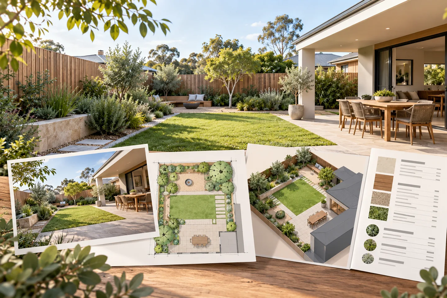 Illustrative Australian backyard with photo concept, top-down garden plan, 3D model and quote-planning sheet