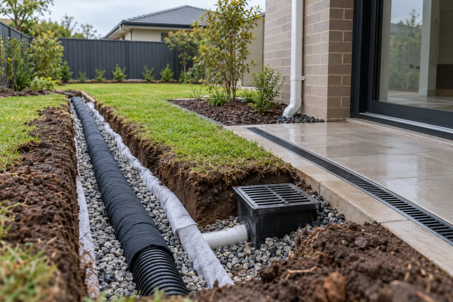 AI editorial concept of an Australian backyard drainage scope with an open aggregate trench, socked ag pipe, stormwater pit and channel drain beside paving