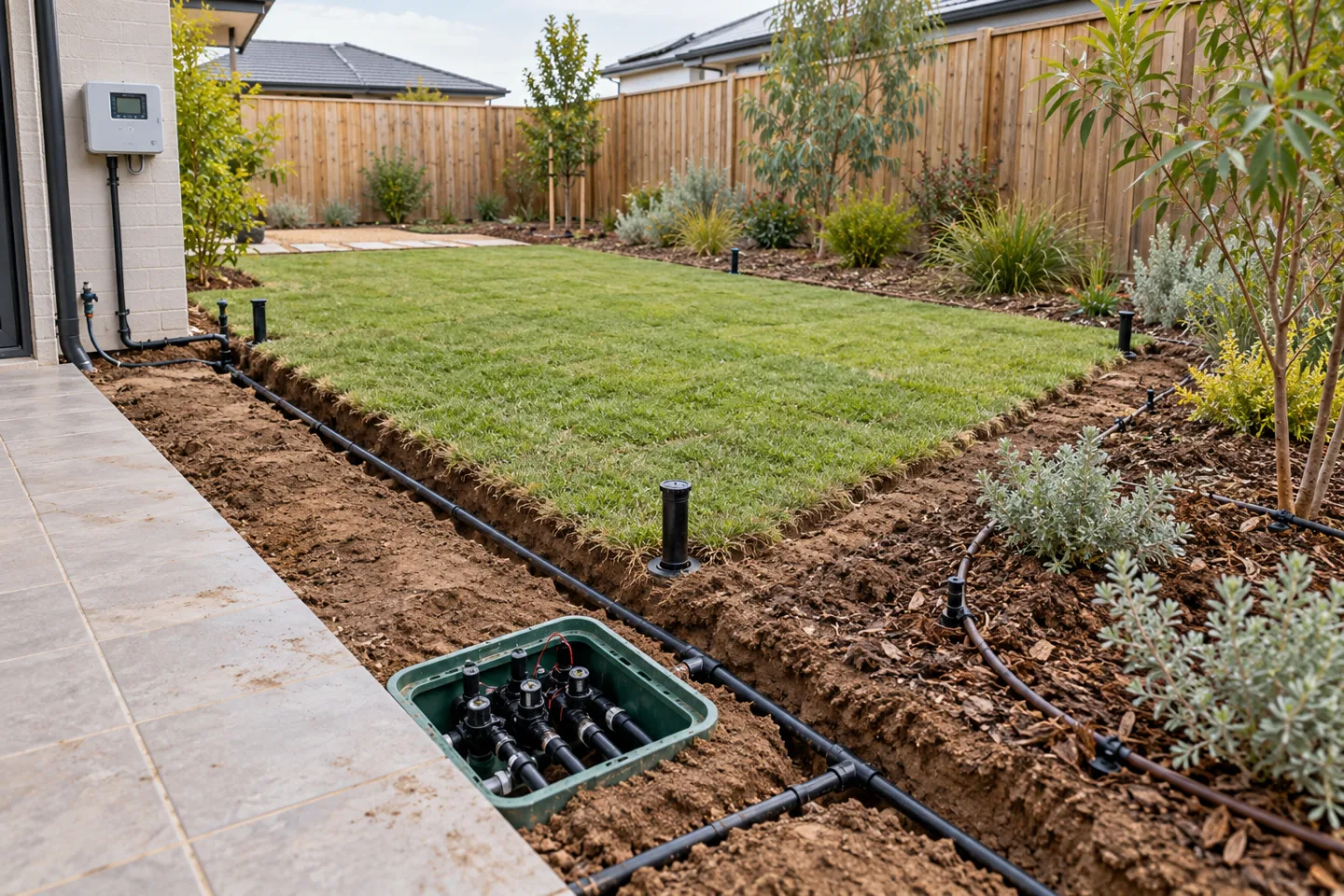 AI editorial concept of an Australian backyard irrigation installation with an open poly-pipe trench, valve box, lawn sprinklers, dripline and wall controller