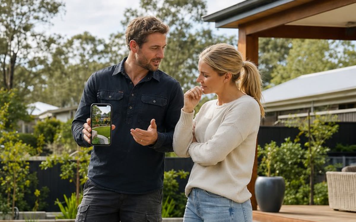 Illustration of a landscaper showing a garden concept on a phone to a client onsite