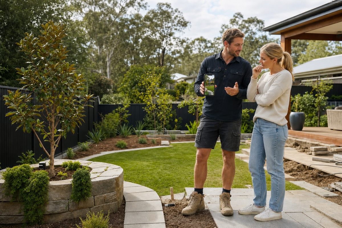 Australian landscaper showing a garden concept to a homeowner on a phone onsite