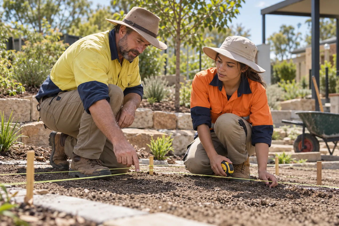 Illustrative experienced landscaping supervisor discussing setting-out with an adult apprentice in a training garden