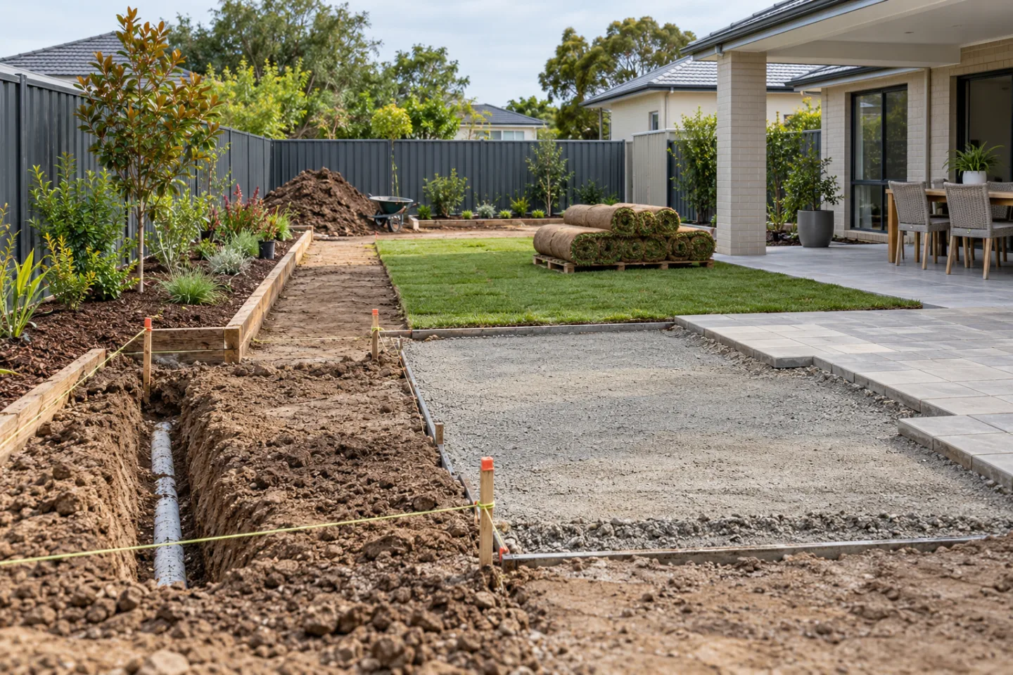 AI editorial concept of an Australian backyard landscaping project showing drainage, prepared paving base, turf, garden beds, spoil and site access