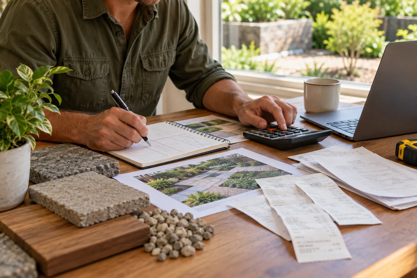 Illustrative landscaping business cost planning with a calculator, receipts, notebook and material samples