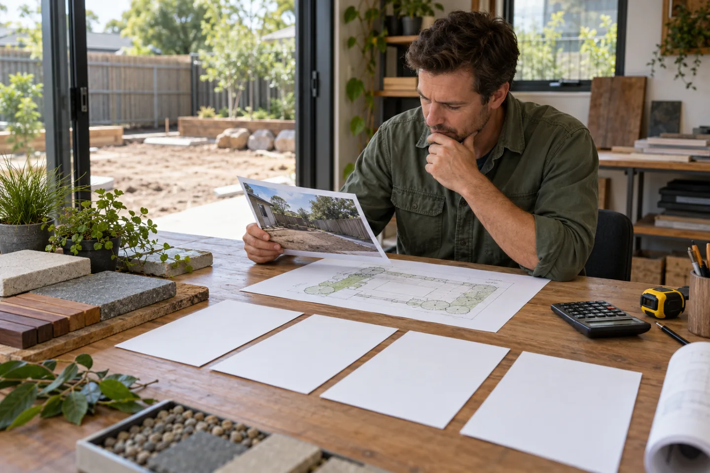 AI editorial concept of an Australian landscape contractor reviewing a site photo, measured sketch and material samples beside separated quote-scope sheets