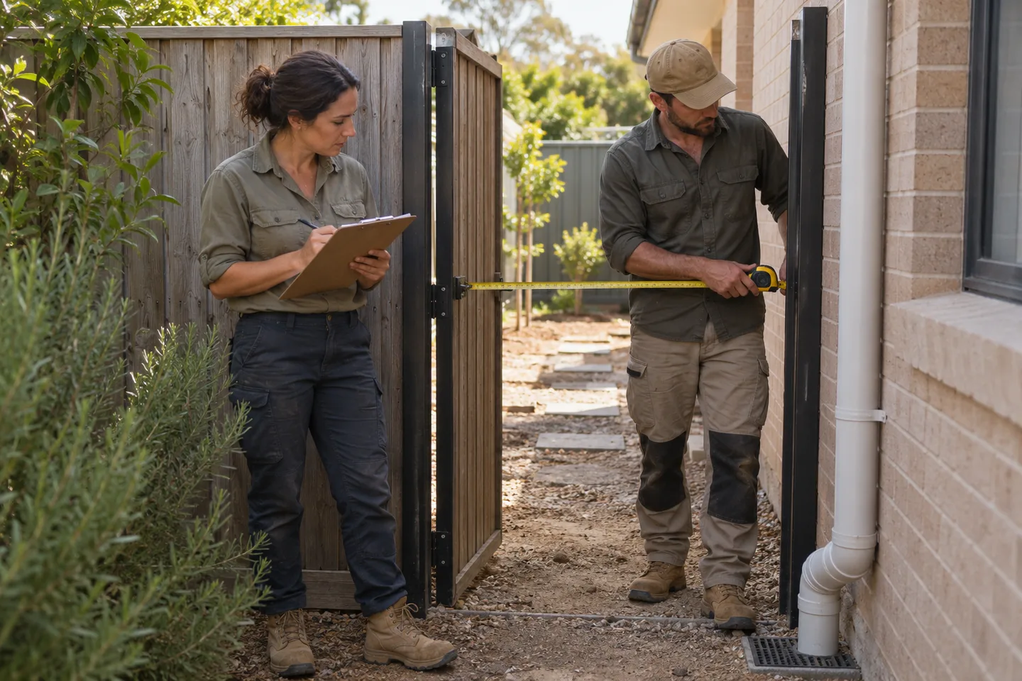 Illustrative landscapers checking a narrow Australian backyard gate and recording site observations