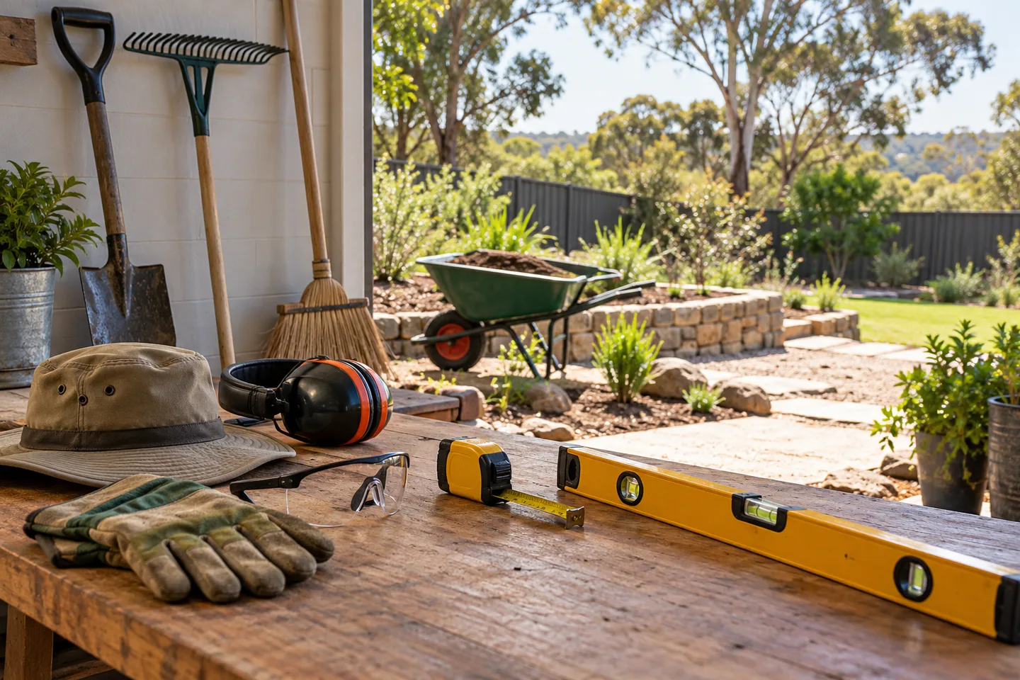 Illustrative beginner landscaping toolkit with hand tools, measuring equipment, protective equipment and a wheelbarrow