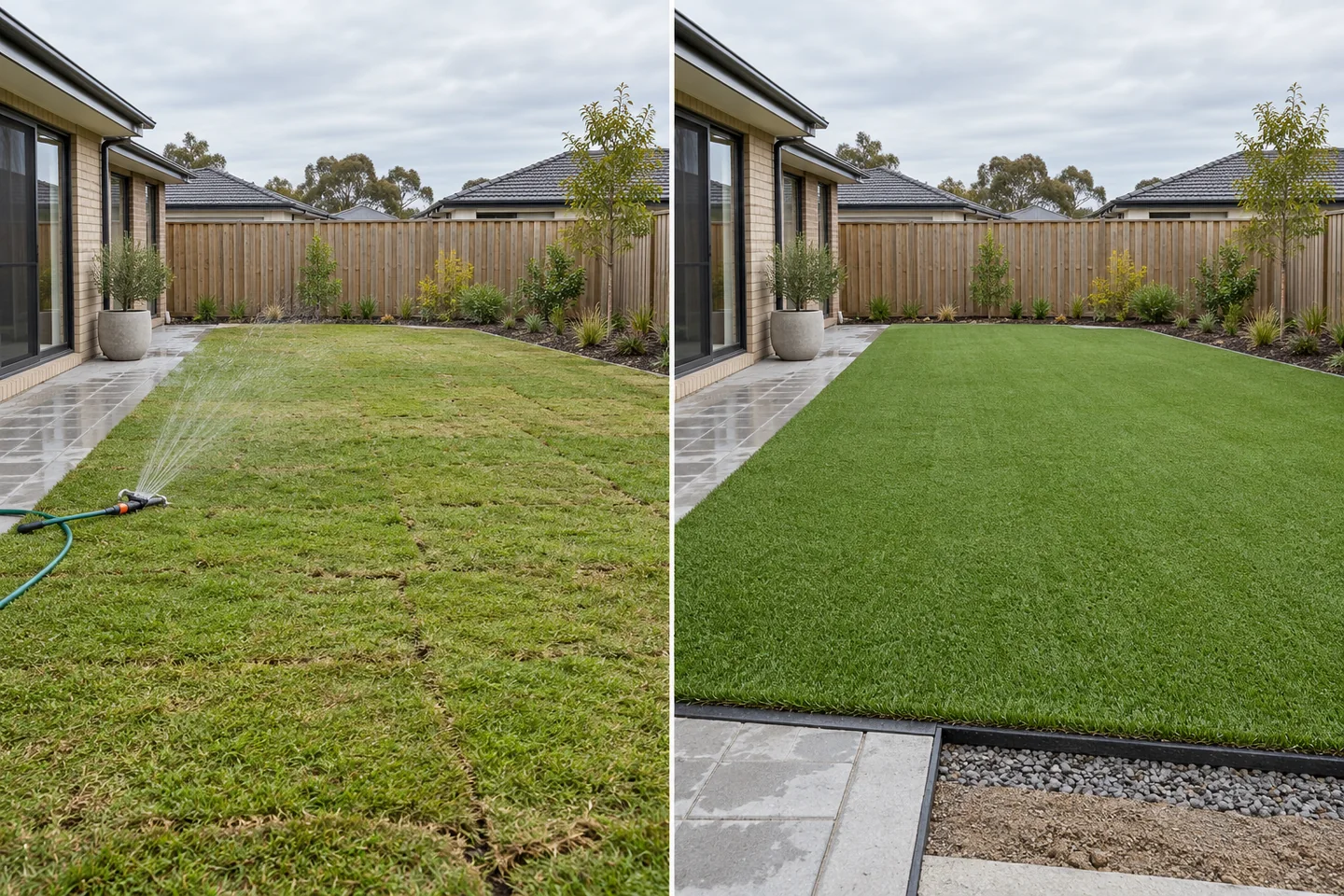 AI editorial comparison of the same Australian backyard with newly laid natural turf and artificial grass over a prepared base