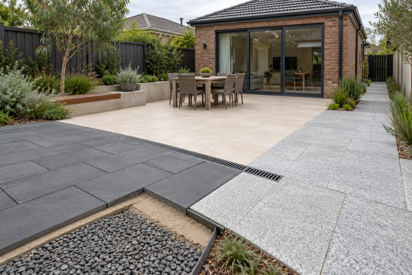 AI editorial concept of an Australian courtyard comparing charcoal concrete, pale porcelain and light granite paving beside an exposed base layer and grated drain