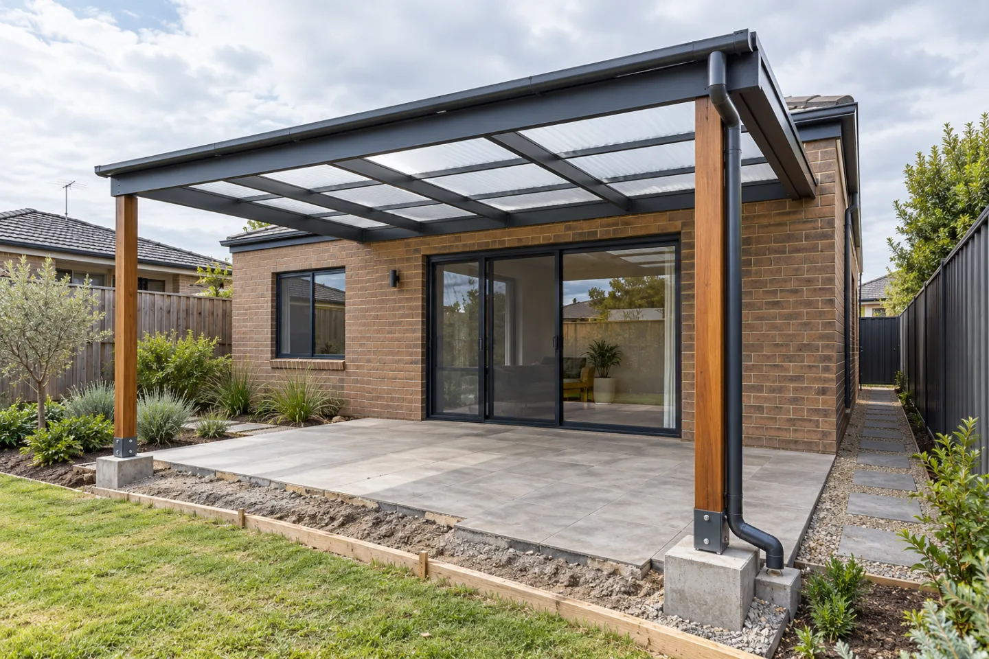 AI editorial concept of an Australian backyard pergola showing roof panels, gutter, downpipe, concrete footings, paving edge and side access
