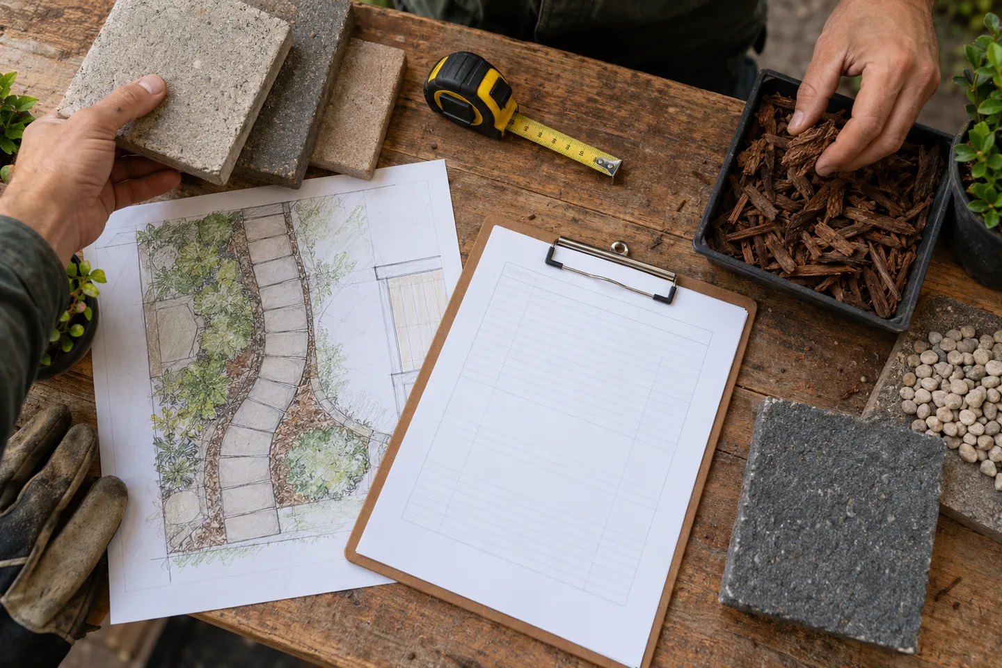 Illustrative landscaping quote preparation with a calculator, tape, sketch and material samples