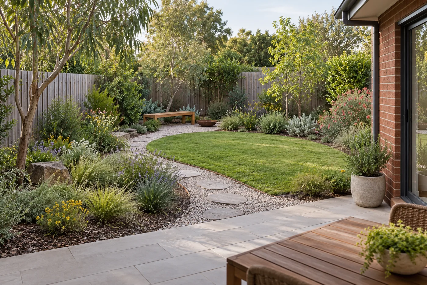 AI garden concept showing a practical lawn, gravel path, timber seat and layered planting