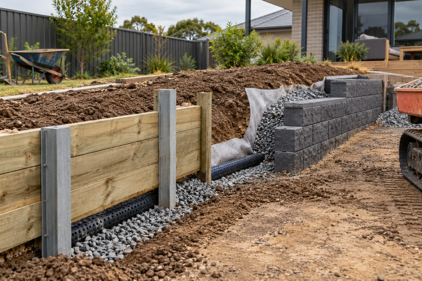 AI editorial concept comparing a low timber sleeper retaining wall with an interlocking concrete block wall, exposed drainage gravel and pipe