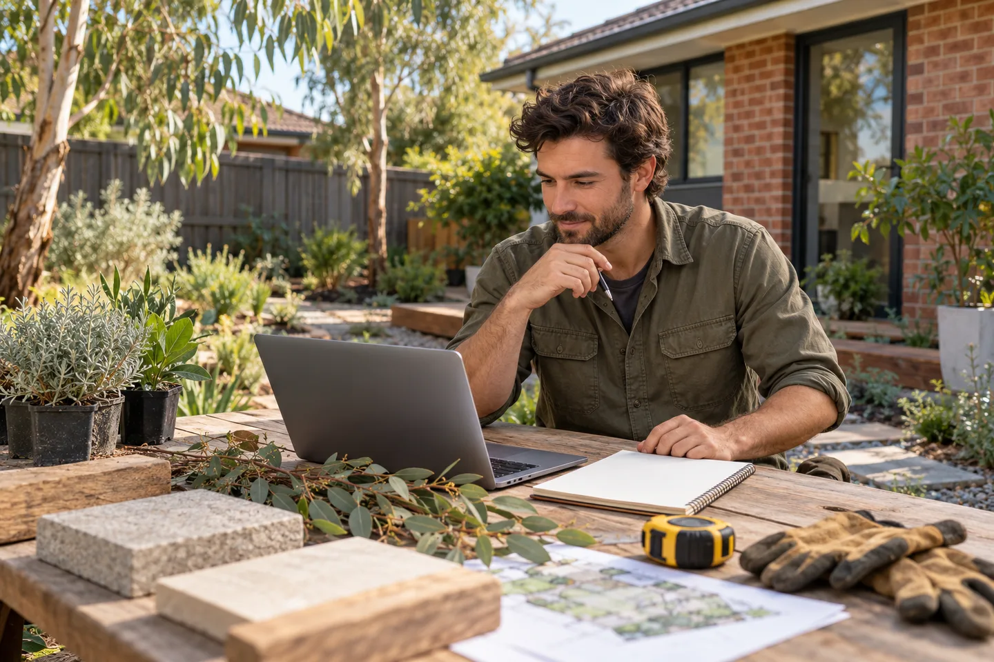 Illustrative new landscaper planning a small business at a garden workbench with notebook and material samples