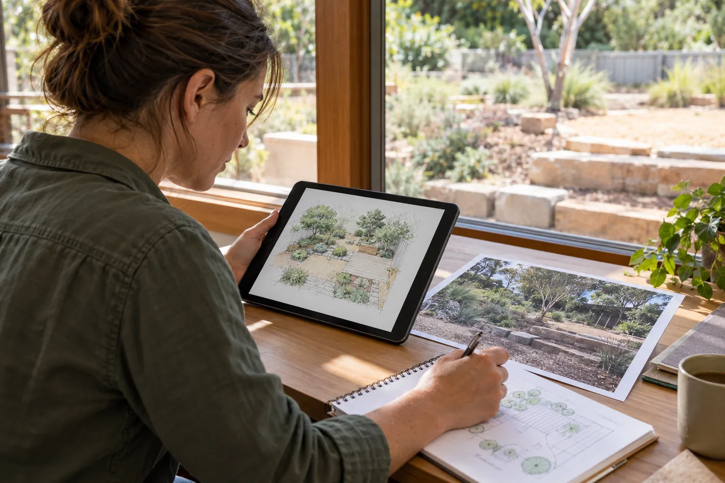 Illustrative adult landscaping learner comparing a site photograph, garden concept and study notes