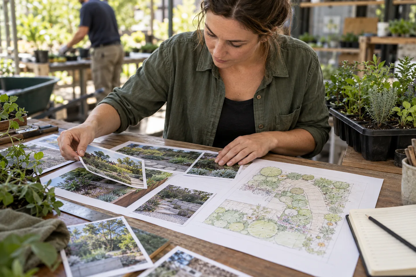 Illustrative adult landscaping student arranging process photos, a planting sketch and learning notes in a portfolio